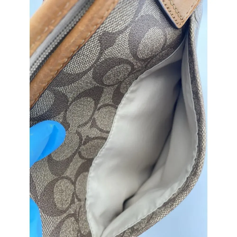 Coach Peyton Signature Pocket Tote Messenger Bag Tan Brown Crossbody Strap